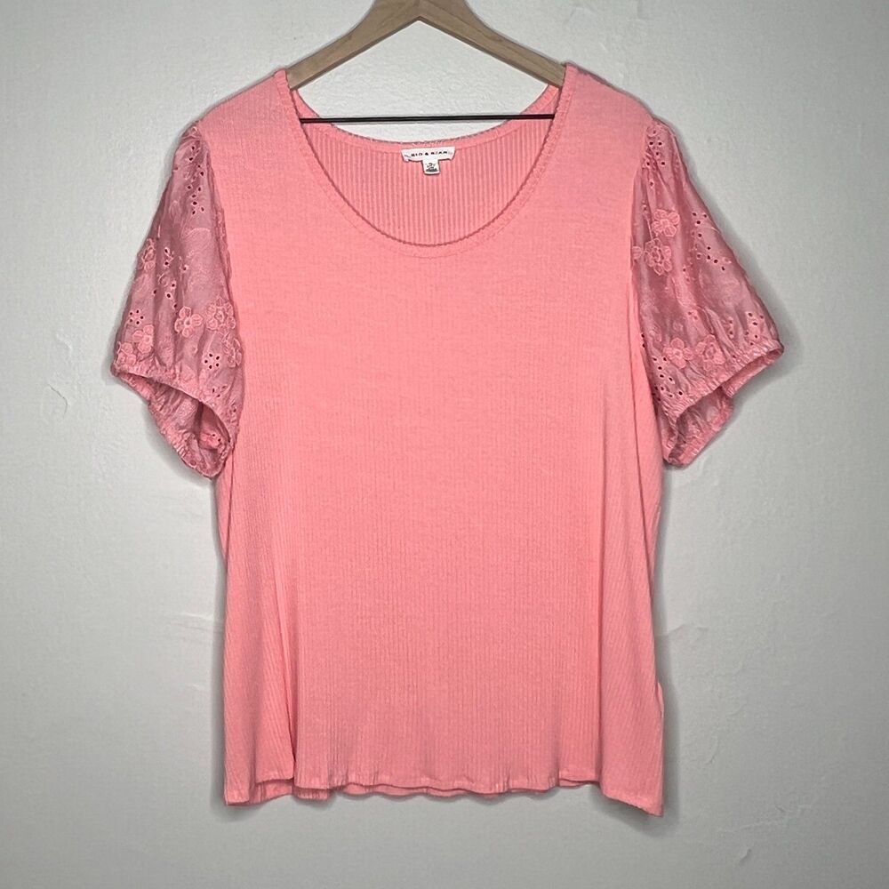Rio & Rian Womens Blouse 3X Pink Floral Eyelet Sleeve Stretch Casual‎ Ribbed